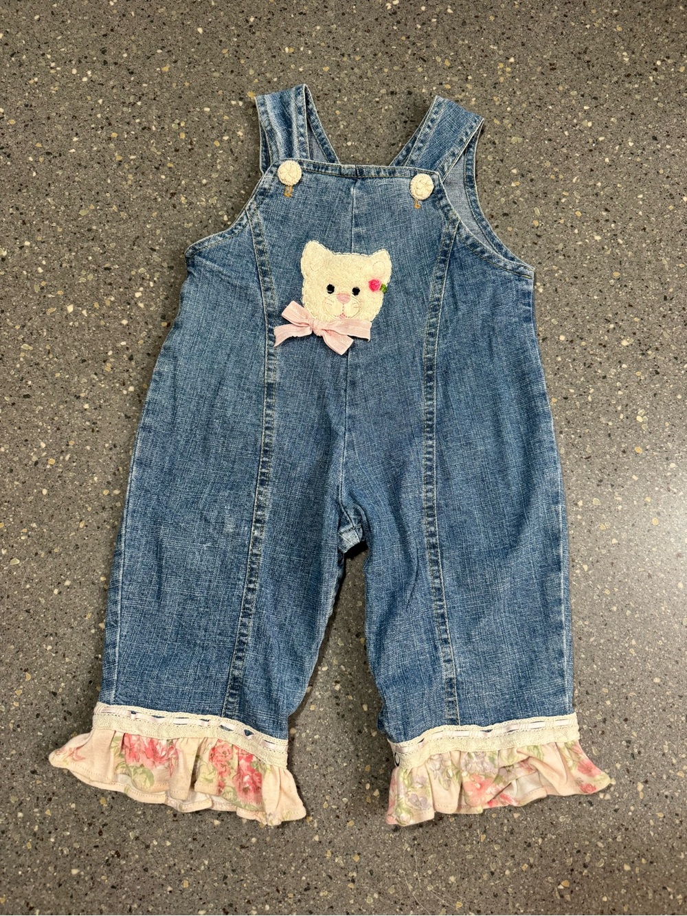 Denim Baby Girls' Overalls with Cat Applique and Floral Ruffle